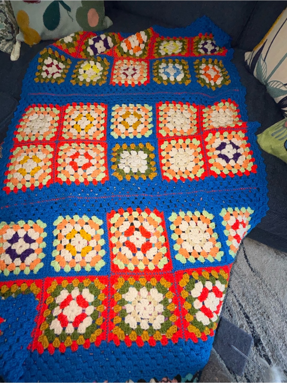 Handmade Blue Multicolor Crochet Granny Square Throw - Unbranded